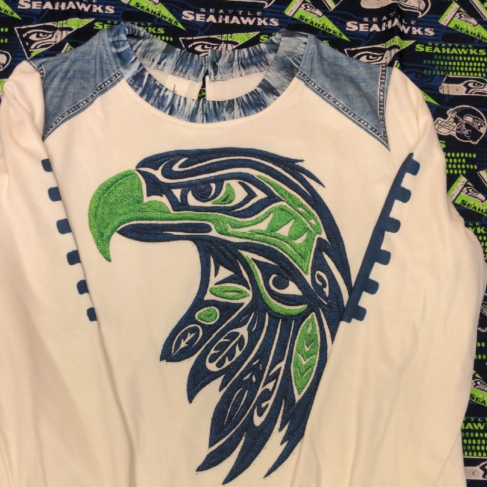 White Seahawks Top With Faux Denim Embellishment